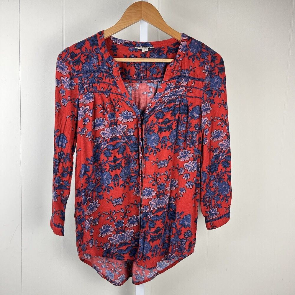 Lucky Brand‎ Peasant Top Womens XS Red Blue Floral Button Front Rayon Boho - Picture 2 of 6